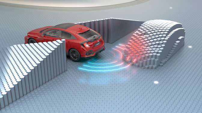 Czerwona Honda Civic w wirtualnym studiu - widok z boku z góry.