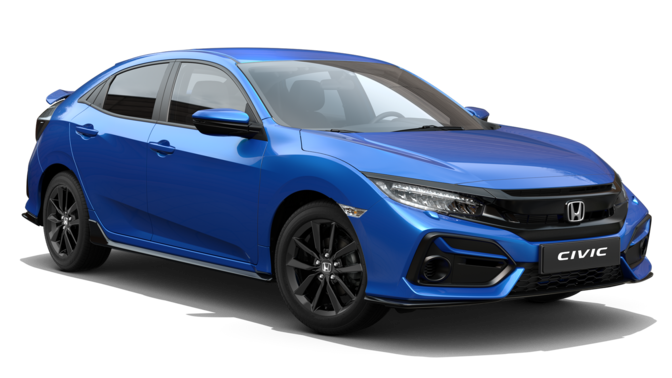Widok pod kątem z przodu na Hondę Civic EX Sport Linke w kolorze niebieskim.