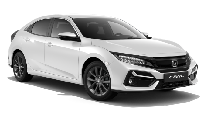 Widok pod kątem z przodu na białą Honde Civic 5D Comfort Sport Line.
