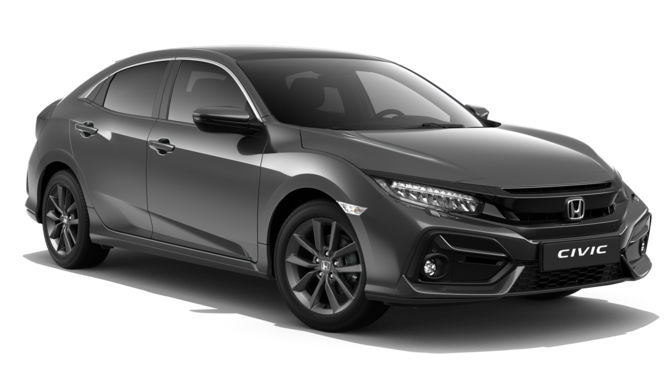 Widok z przodu z boku na Hondę Civic 5D EX w kolorze czarnym.