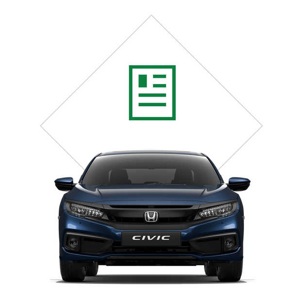Honda Civic 4D stojąca przodem z ilustracją broszury.