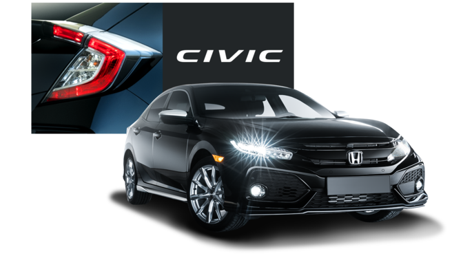 Honda Civic Silver Line — widok z przedniej perspektywy z logo Hondy Civic.