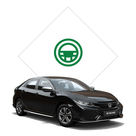 Widok z przodu na Hondę Civic z pakietem Silver Line z ilustracją jazdy testowej.