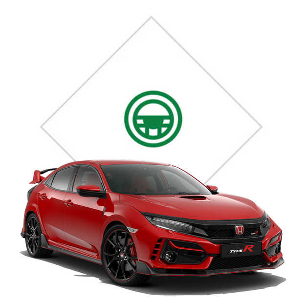 Honda Civic Type R widziana z przedniego profilu z ilustracją jazdy testowej.