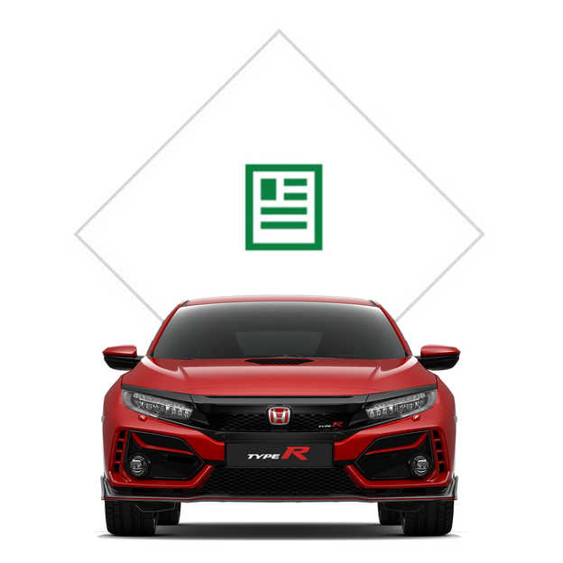 Honda Civic Type R widziana z przodu z ilustracją katalogu.