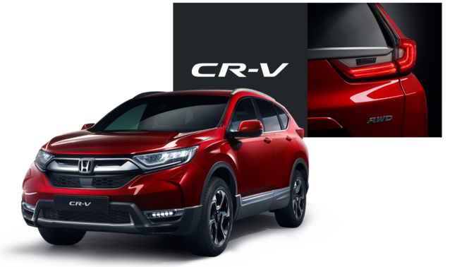 Honda CR-V z przedniej perspektywy oraz zbliżenie na światła tylne i logo CR-V.