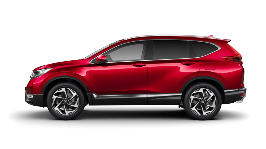 Honda CR-V z boku w kolorze metalicznym Premium Crystal Red Metallic.