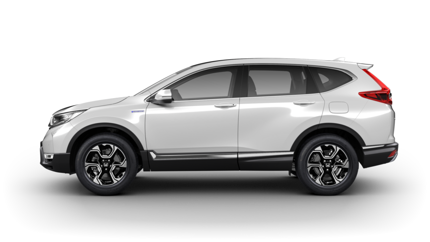 Widok z boku Hondy CR-V Hybrid w kolorze Platinum White Pearl.