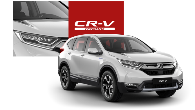 Front three-quarter facing Honda CR-V Hybrid with close up feature and logo.