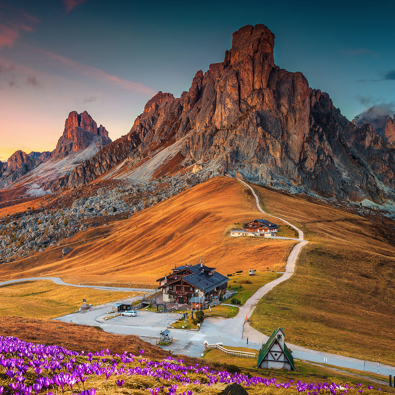 Wspaniała alpejska sceneria z wiosennymi krokusami na wzgórzach i spektakularnym widokiem gór o zachodzie słońca, przełęcz Giau, Dolomity, Włochy, Europa