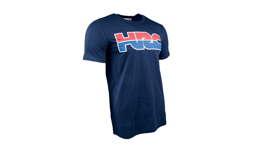 Niebieski T-shirt wyścigowy HRC z logo Honda Racing Corporation.
