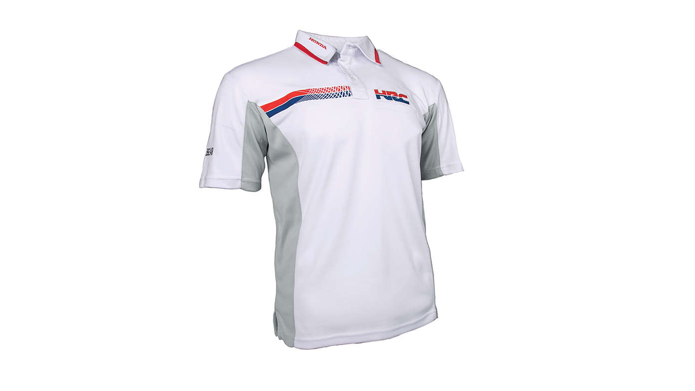 Biała koszulka polo zespołu wyścigowego HRC z logo Honda Racing Corporation.