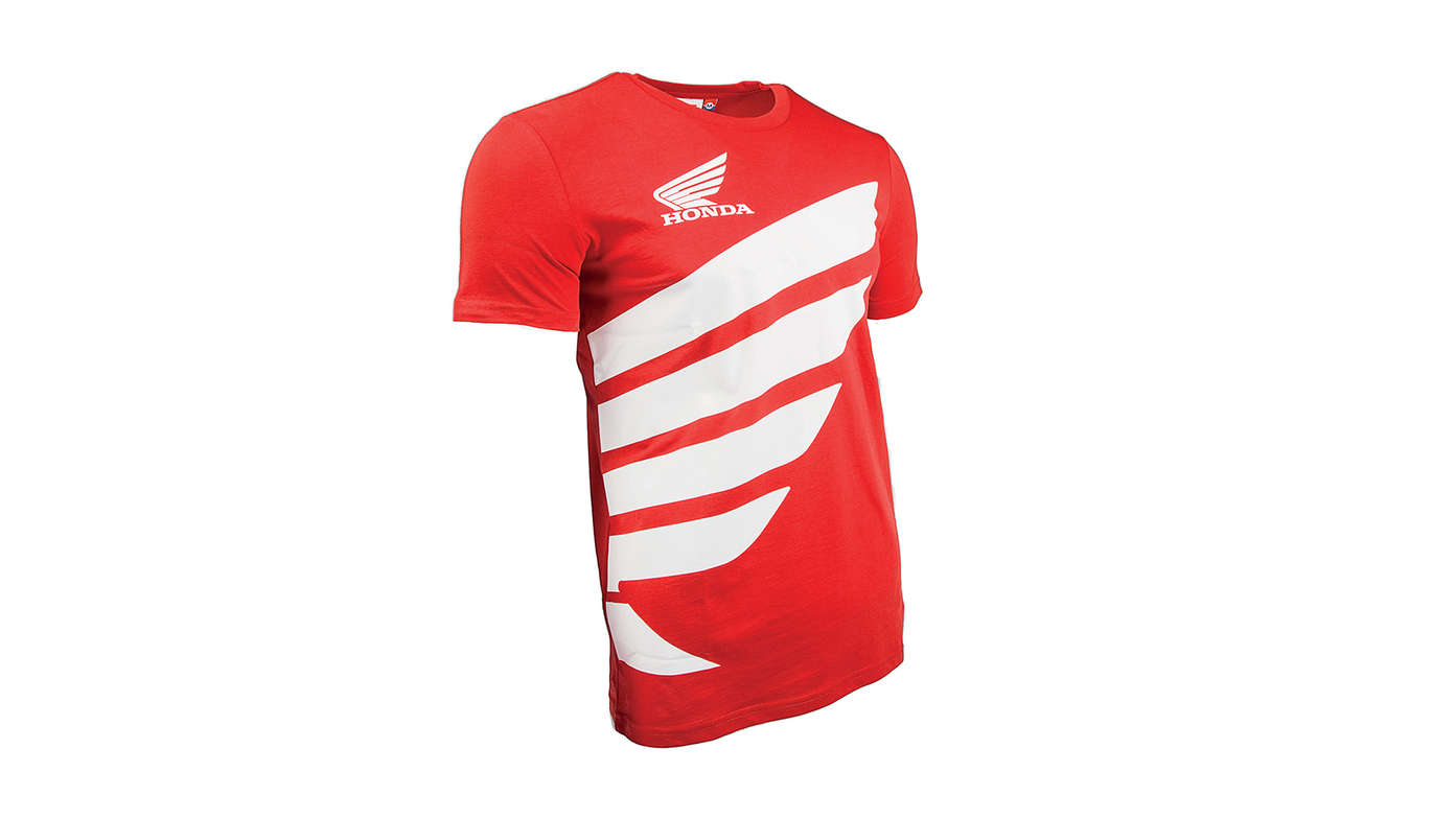 Czerwony T-shirt zespołu wyścigowego Honda HRC ze skrzydlatym logo Hondy.
