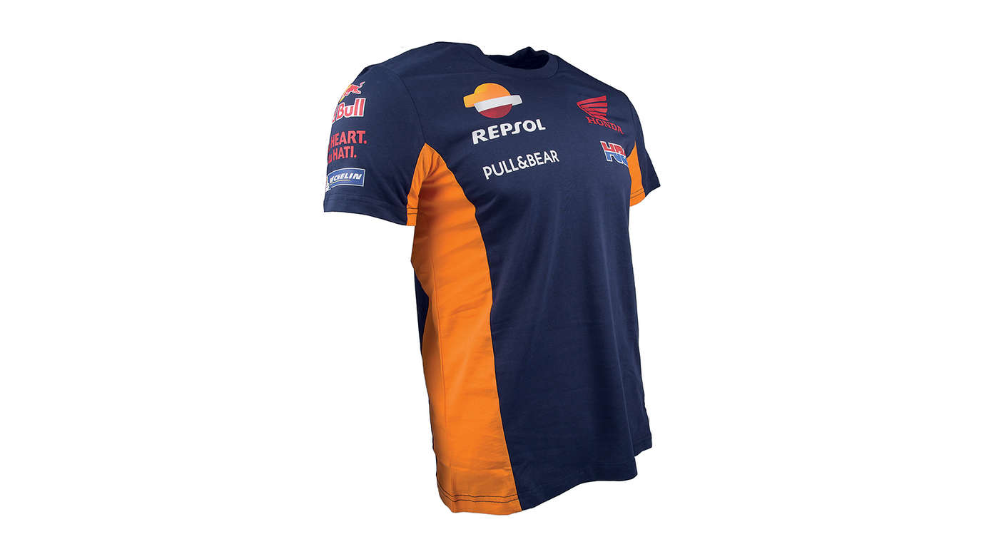 Niebieski T-shirt Honda Repsol z logo Honda Racing Corporation.