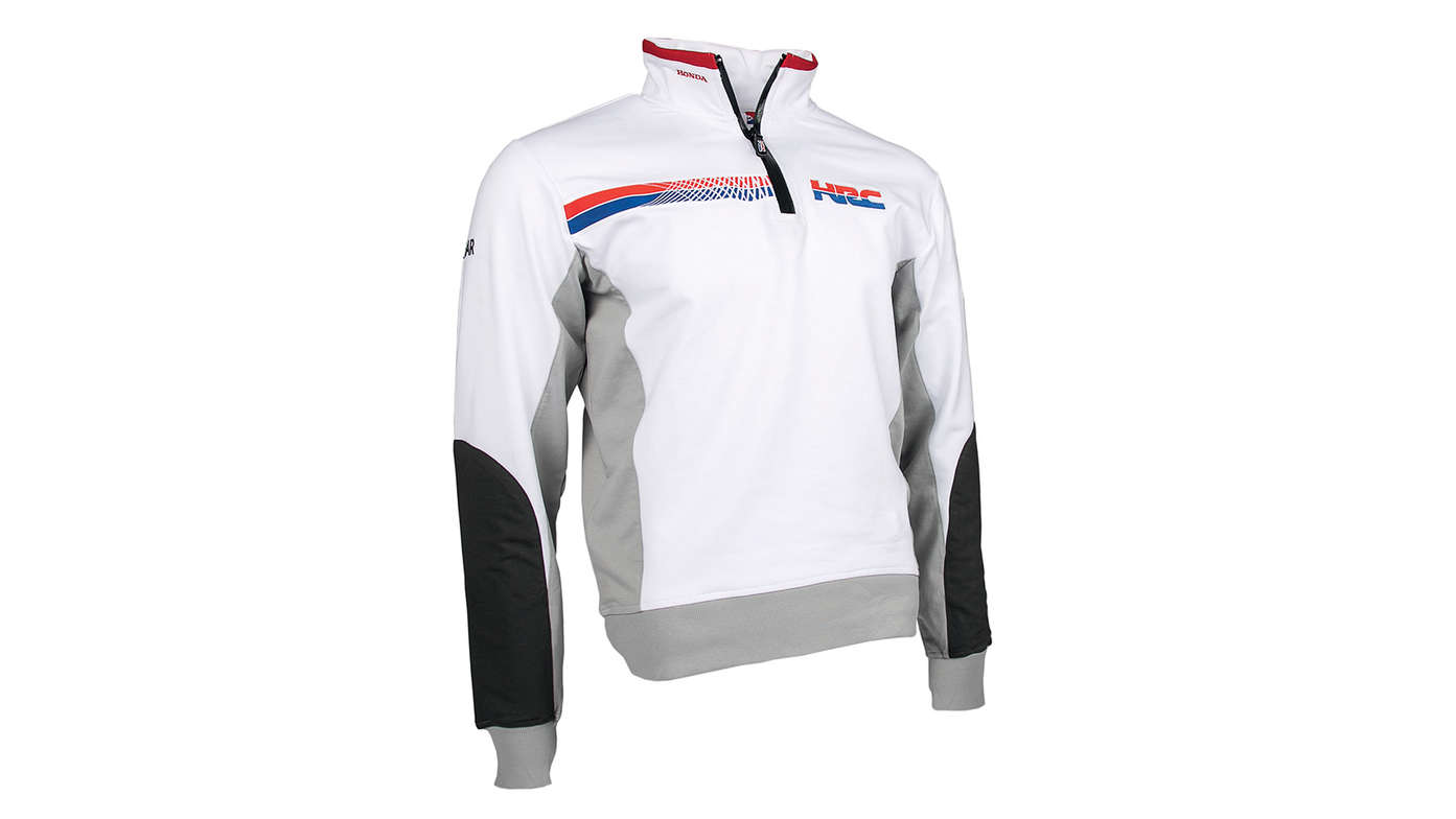 Biała bluza dresowa z kapturem w barwach zespołu Honda HRC z logo Honda Racing Corporation.