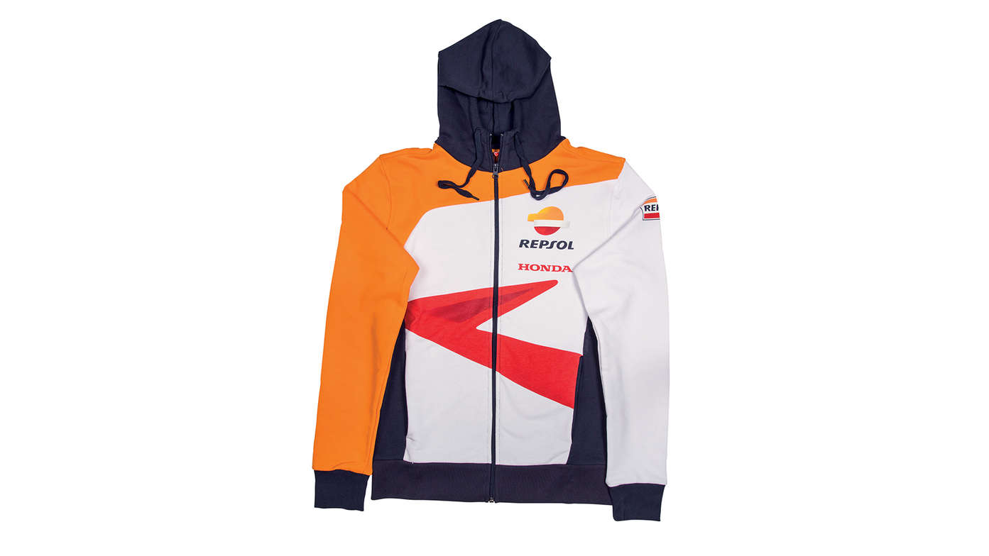 Bluza z kapturem Hondy w barwach zespołu MotoGP z logo Repsol.