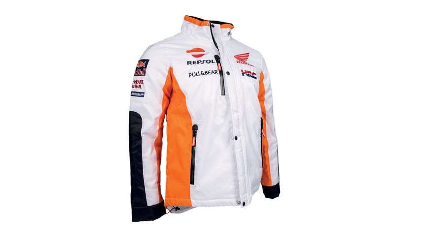 Biała kurtka zimowa Honda w barwach klubowych Moto GP z logo Repsol.