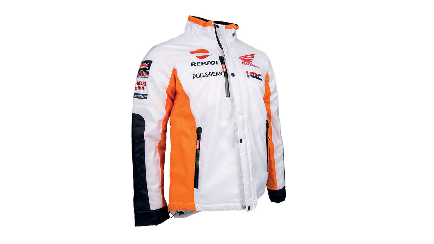 Biała zimowa kurtka Hondy w barwach zespołu MotoGP z logo Repsol.