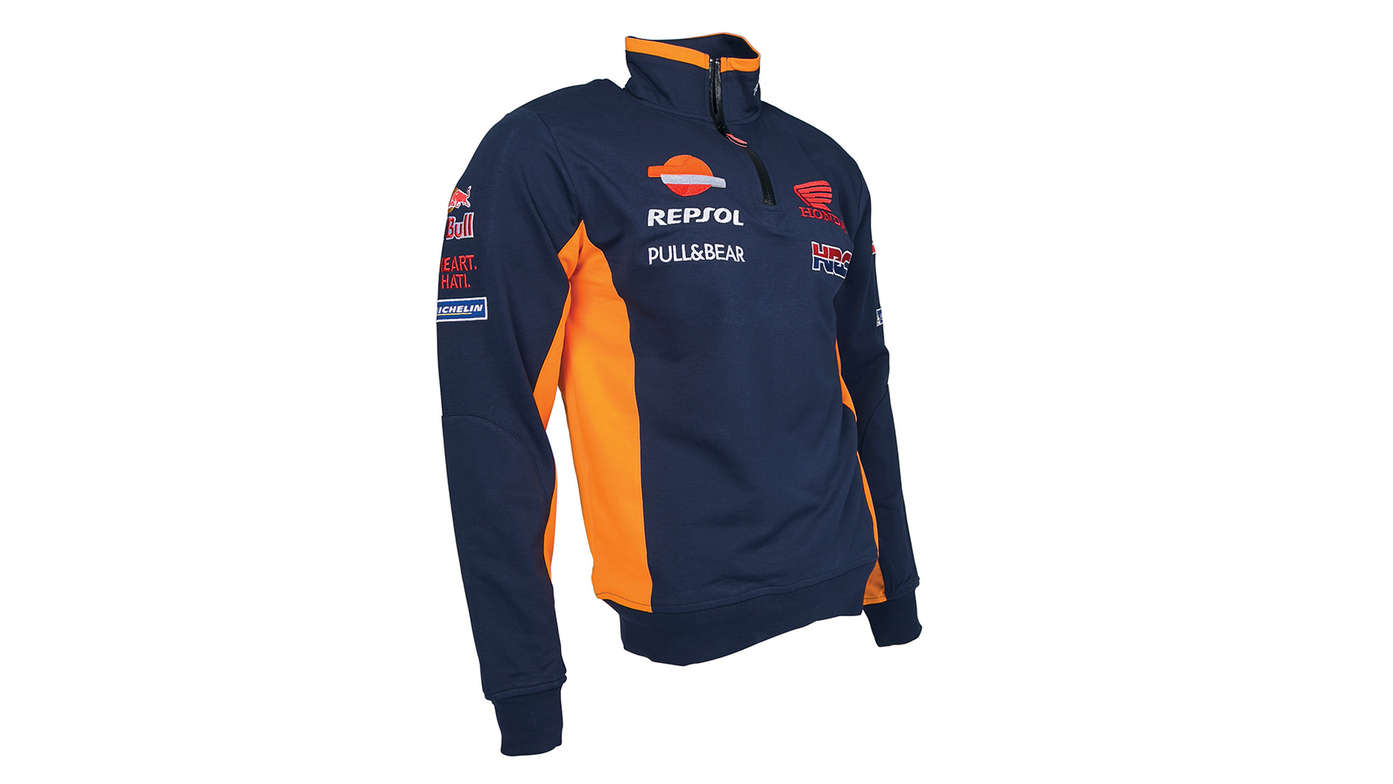 Biała bluza dresowa Hondy w barwach zespołu MotoGP z logo Repsol.