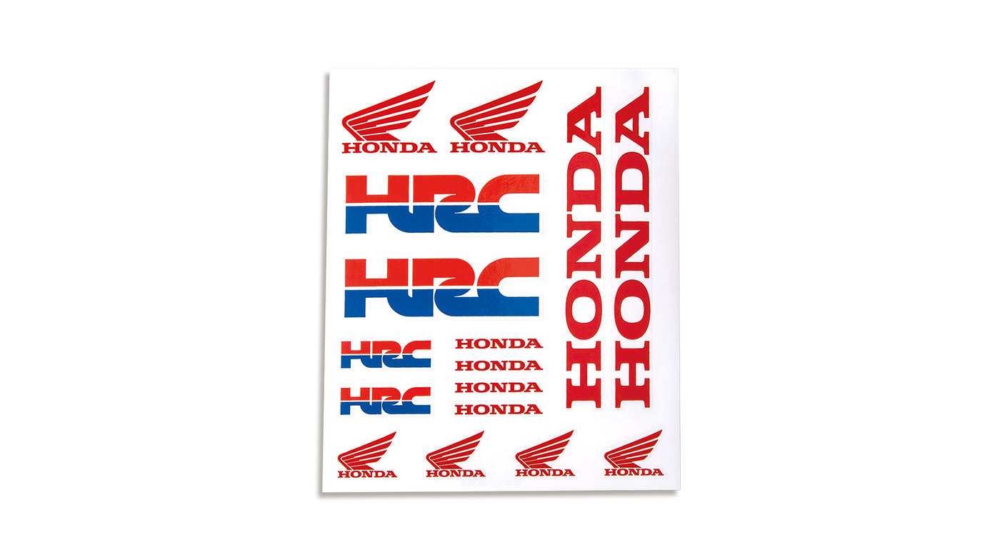 Zestaw winylowych naklejek Honda HRC z logo zespołu wyścigowego Honda HRC i skrzydlatym logo Hondy.