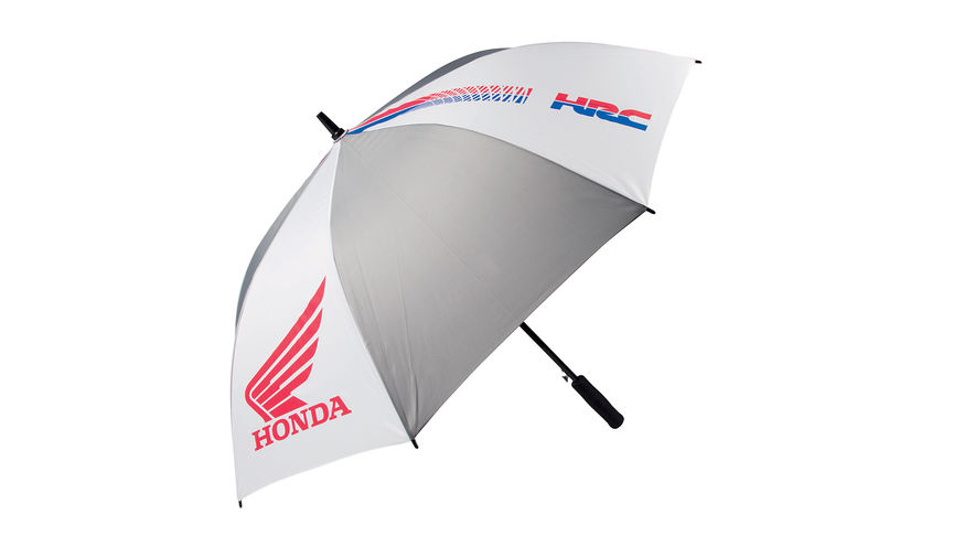 Szary i biały parasol Honda HRC w barwach HRC i ze skrzydlatym logo Hondy.
