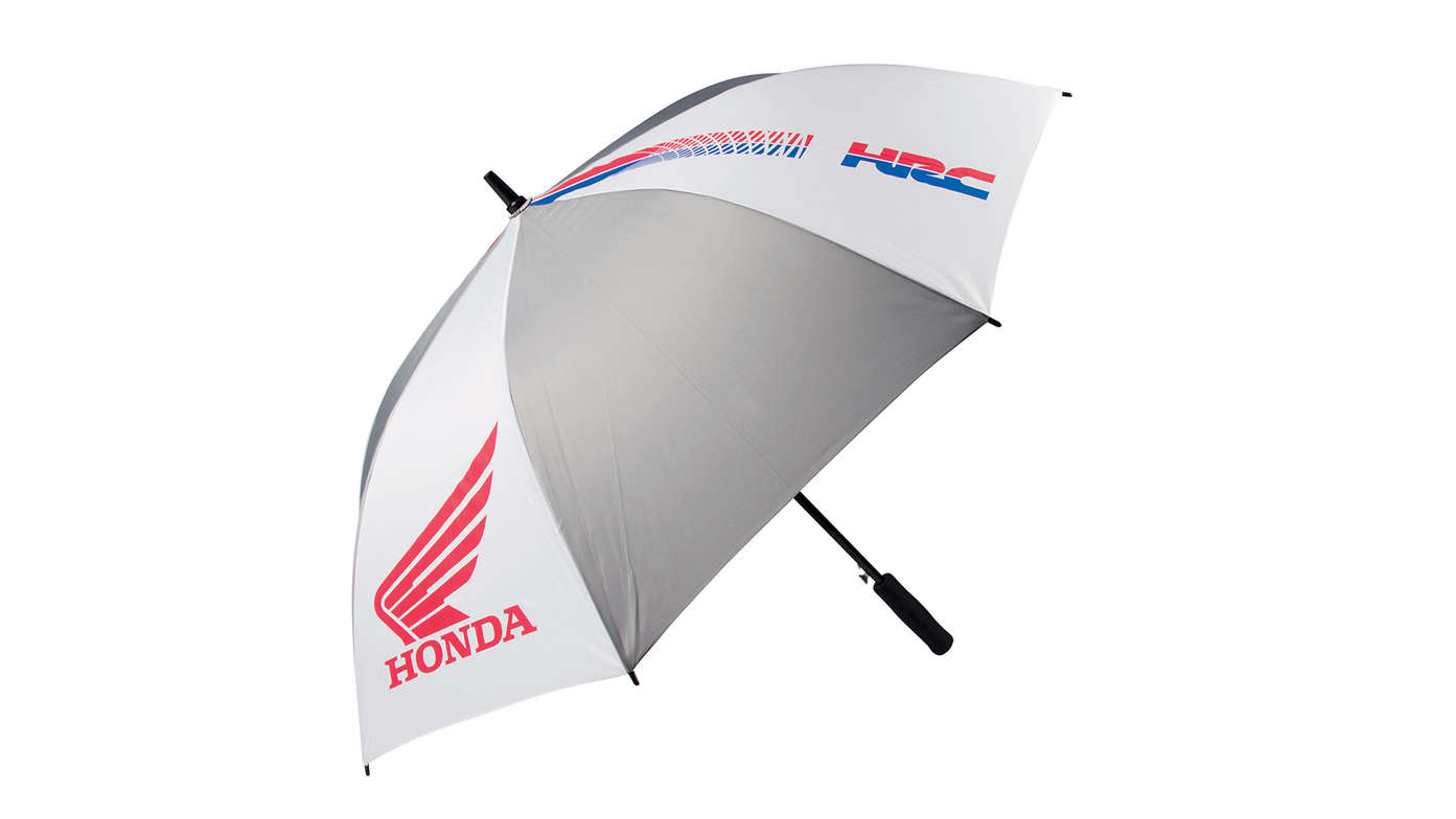 Szaro-biała parasolka Honda HRC w barwach HRC ze skrzydlatym logo Hondy.