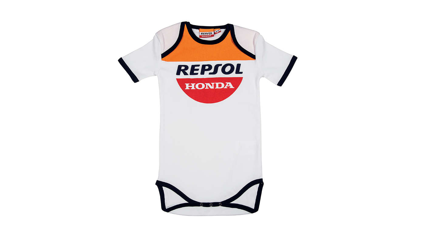 Śpioszki dziecięce Honda Repsol w barwach zespołu Honda MotoGP z logo Repsol.