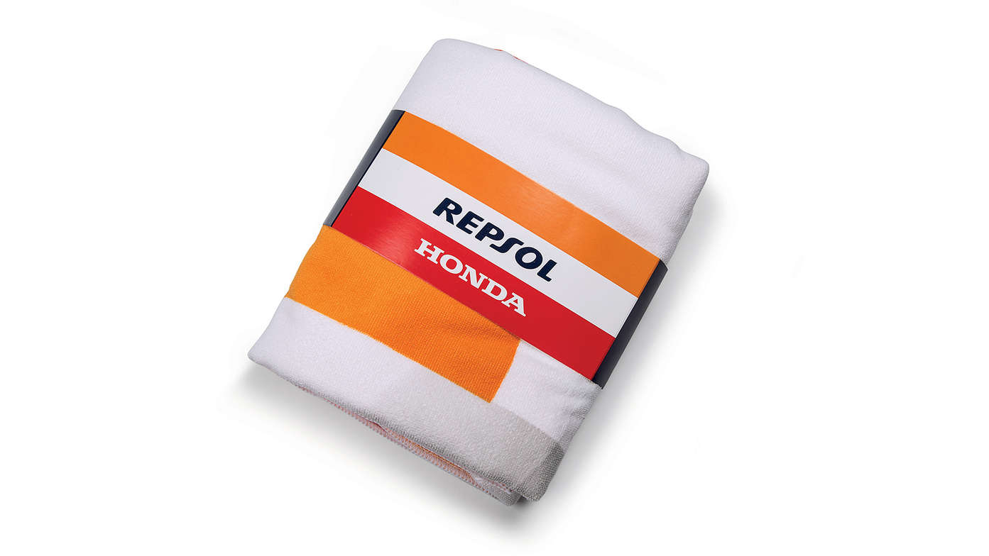 Ręcznik plażowy Honda Repsol w barwach Honda MotoGP z logo Repsol.