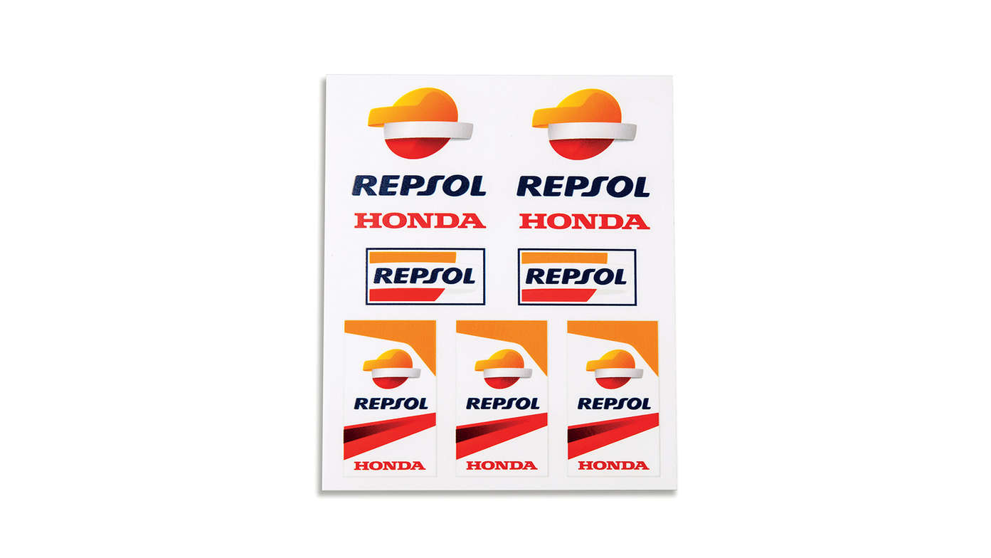 Zestaw winylowych naklejek Honda Repsol w barwach zespołu Honda MotoGP z logo Repsol.
