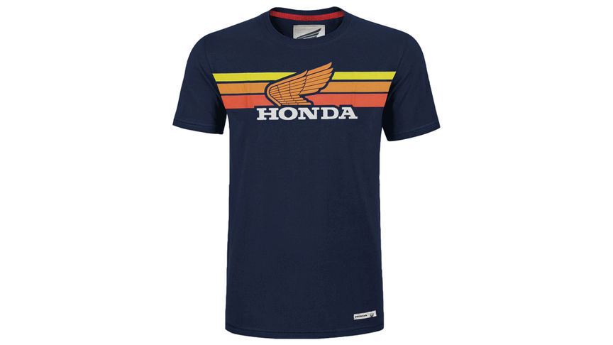 Klasyczny granatowy t-shirt Honda z motywem zachodzącego słońca.