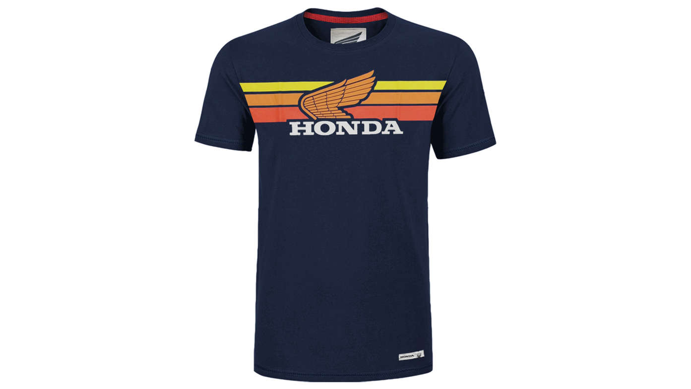 Klasyczny granatowy t-shirt Honda z motywem zachodzącego słońca.